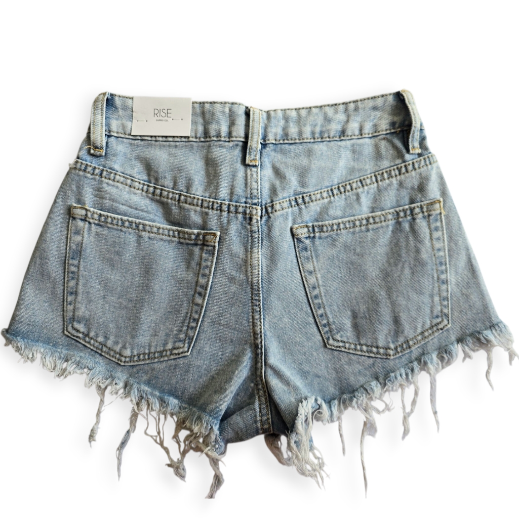 Rise Light Wash Blue Distressed Denim Festival Shorts Size 5 — image 2 of 8